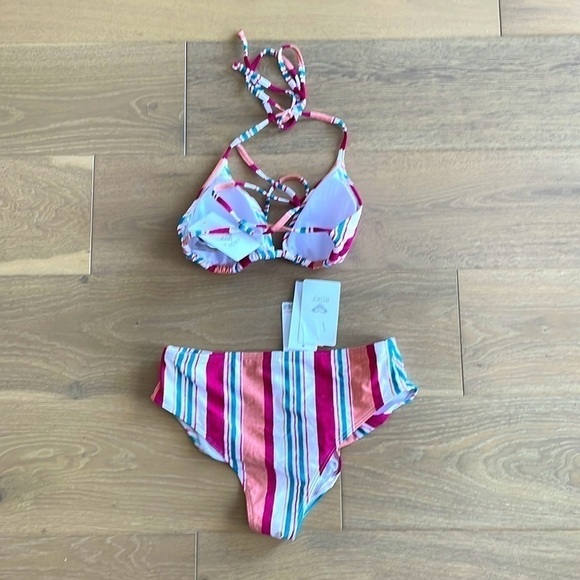 Nwt Roxy STRIPE Juniors' Striped High-Waist Bikini Swimsuit - M - Picture 7 of 10